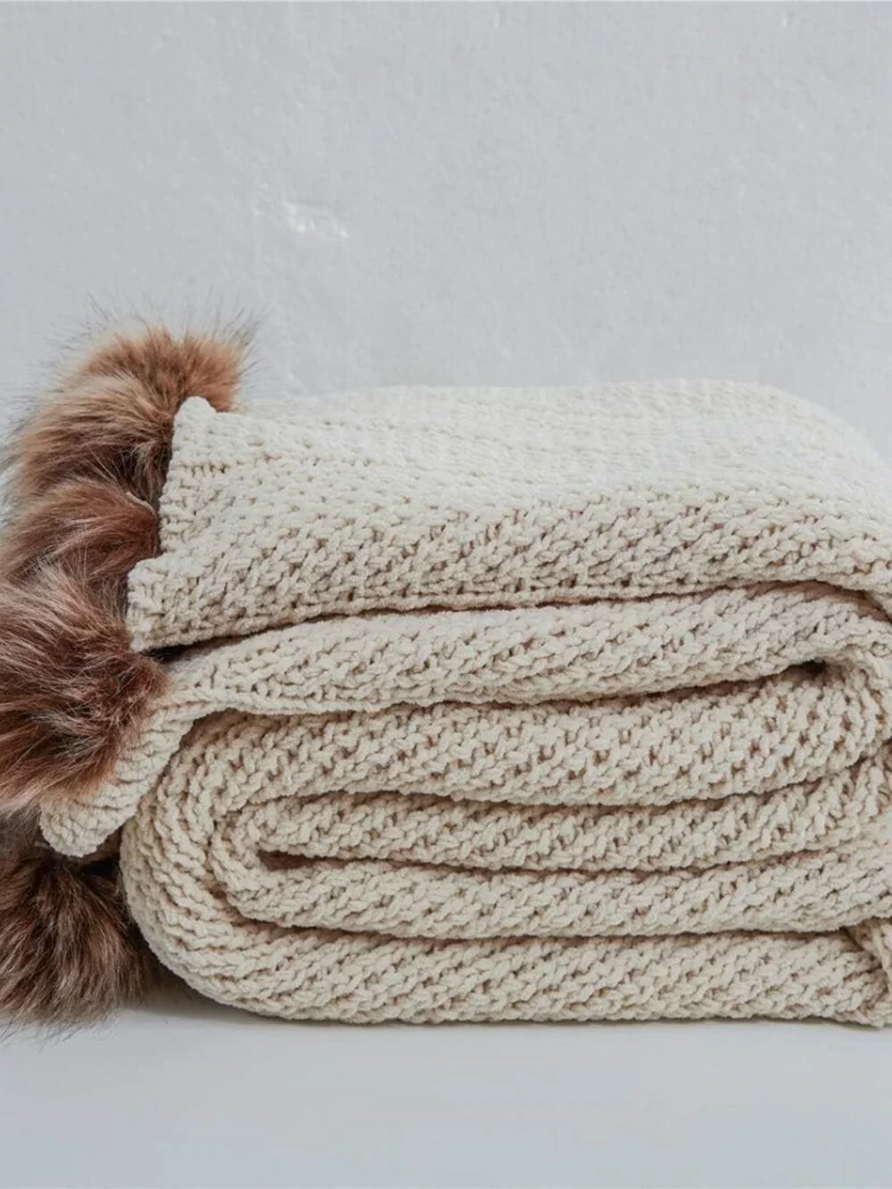 Fur Pom Pom Knit Throw Blanket  51 x 63in